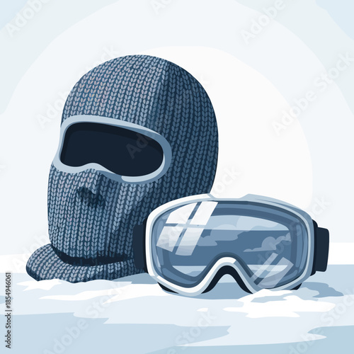 Stylish winter sports gear featuring a knitted mask and goggles, vector illustration for outdoor adventures, copy space
