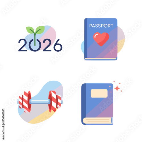 Set of colorful icons including year 2026, passport, dumbbell, and notebook in modern style