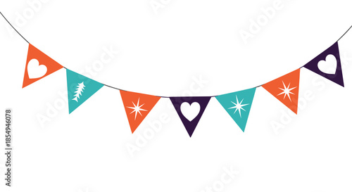 Decorative party bunting flags featuring white hearts and stars in orange, teal, and purple colors hang against a plain white background.