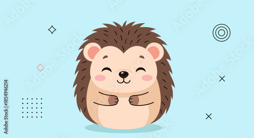 Extremely cute cartoon hedgehog with a happy face and rosy cheeks is centered on a light blue background decorated with simple icons.