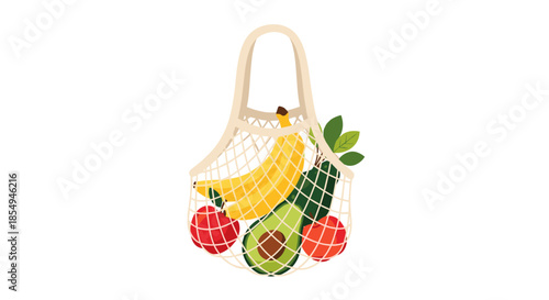 Eco friendly mesh shopping bag is filled with a variety of healthy fruits including a yellow banana, green avocado, and red apples.