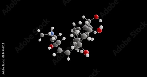 Bimatoprost molecule, rotating 3D model of prostaglandin analog, looped video on a black background
