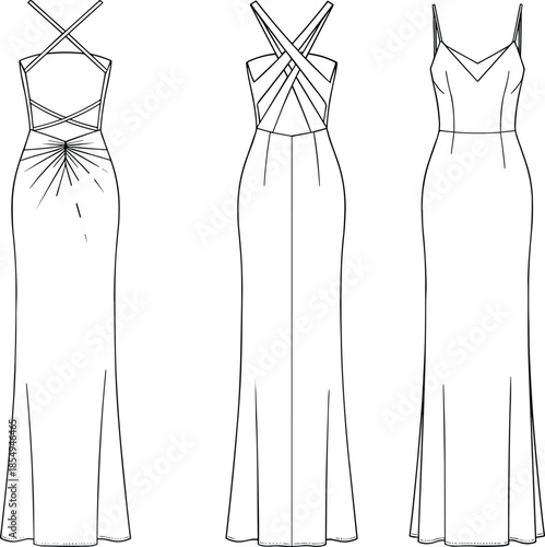 Technical Flat Sketch of Elegant Women's Evening Gown with Crisscross Back Straps and Ruched Detail in Front and Back View Outlines