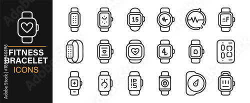 Wearable fitness tracker and health monitoring outline icons