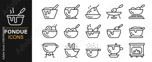 Fondue dinner and kitchen cooking line icons