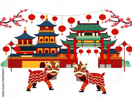 Vector flat design illustration of a Chinese lion dance performance in front of traditional pagodas with red lanterns and cherry blossoms on a white background.