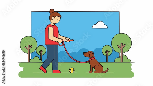 Woman walking her dog in a park on a sunny day.