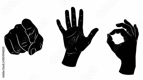 Three Black Silhouette Hands Showing Different Gestures.