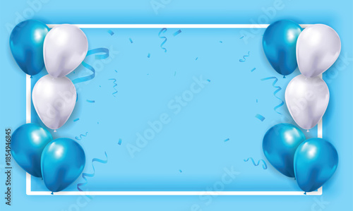 Wallpaper with 3d realistic blue silver cyan glossy balloons and confetti as a frame