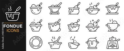 Dining and fondue meal preparation outline icons