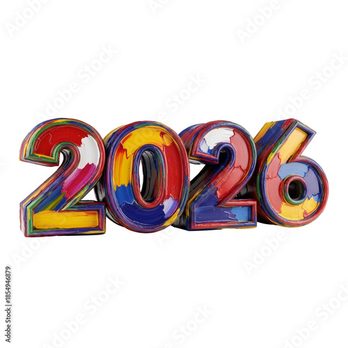 Colorful 2026 numbers, symbolizing new year, creativity, and positive beginnings, rendered in a 3D style with vibrant paint textures