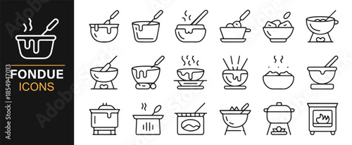 Fondue pots and culinary cooking minimal line icons
