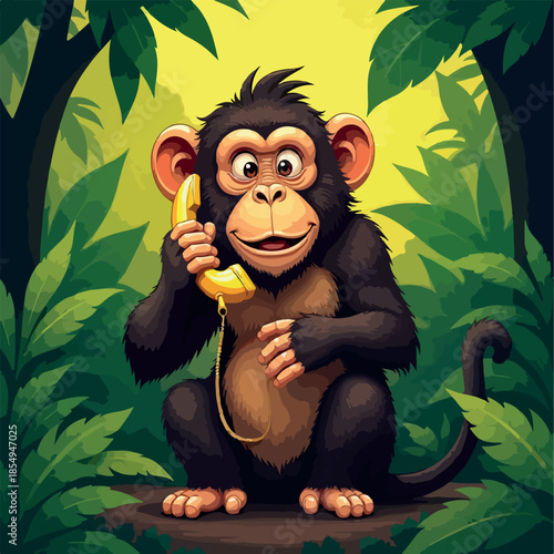 illustration, cartoon, vector, cute, monkey, animal, banana, funny, zoo, character, happy, wild, jungle, baby, isolated, wildlife, kawaii, face, art, drawing, design, icon, fun, brown, tree, ape, 