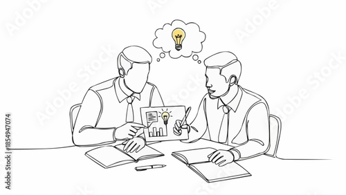 Two businessmen collaborating on a project with a bright idea emerging.