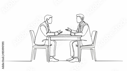Two businessmen having a discussion at a table.