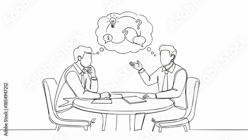 Two men discussing ideas at a table with a thought bubble above them.