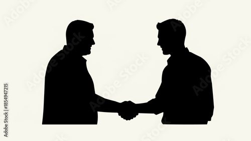 Two men shaking hands in silhouette against a white background.