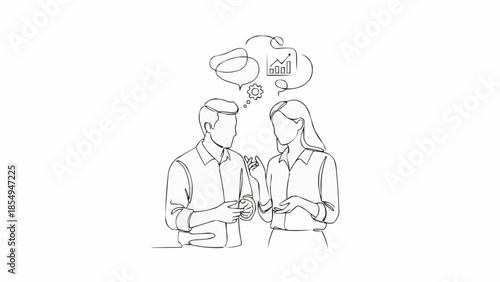 Two people discussing business ideas with thought bubbles above their heads.