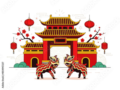 Vector flat design illustration of a traditional Chinese gate with lion dancers in front, featuring red lanterns and cherry blossoms on a white background.