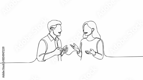 Two people having a conversation in a minimalist line drawing style.