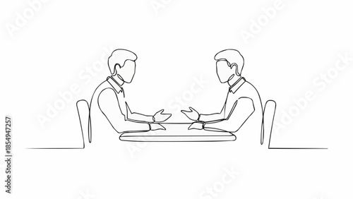Two people in a continuous line drawing discussing at a table.