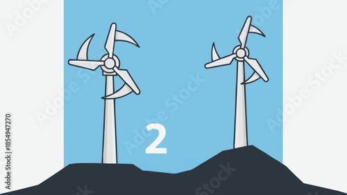 Two wind turbines on a hill generating clean energy.