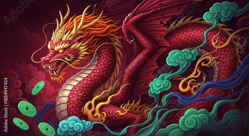 Wallpaper Mural Illustration of a red, scaled dragon with golden mane and horns, surrounded by stylized clouds and coins. Represents prosperity, power, and good fortune Torontodigital.ca