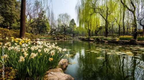 A vibrant spring garden with sharp tulips and daffodils, a clear pond surrounded by willow trees, adding a sense of life and vitality to the natural landscape