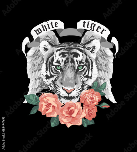 white tiger slogan with roses ornament vector illustration on black background