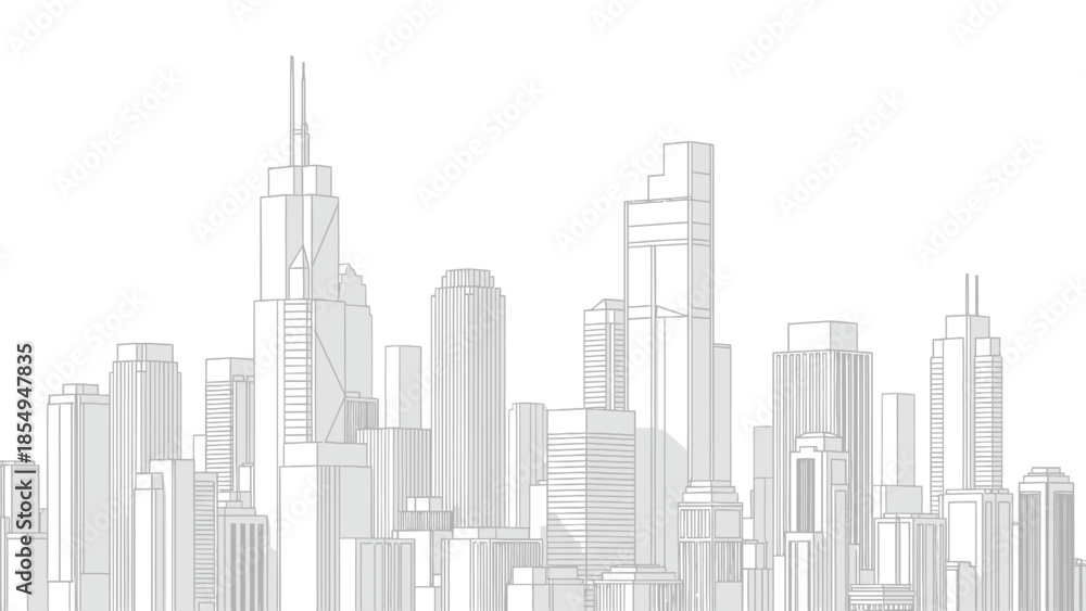 Fototapeta premium Detailed black and white line art drawing depicting a dense and modern metropolitan cityscape with numerous towering skyscrapers against a bright white background