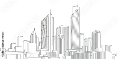 Simple black and white line art drawing illustrating a dense modern city skyline featuring tall skyscrapers and various architectural building outlines.