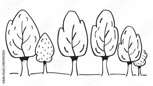 a simple black and white illustration depicts a row of five stylized trees with rounded canopies and visible trunk details high quality professional detailed modern elegant