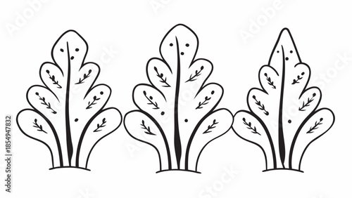 a simple black and white illustration depicts three stylized bushes or shrubs with rounded tops and narrow bases creating a minimalist natural scene high quality professional