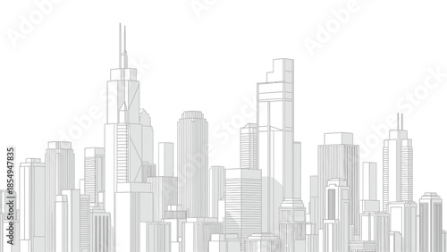 Detailed black and white line art drawing depicting a dense and modern metropolitan cityscape with numerous towering skyscrapers against a bright white background