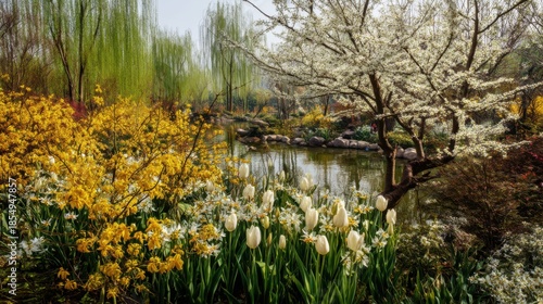 A vibrant spring garden with sharp tulips and daffodils, a clear pond surrounded by willow trees, adding a sense of life and vitality to the natural landscape