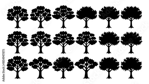 a collection of black silhouette trees in varying shapes and sizes arranged in a grid pattern showcasing botanical diversity high quality professional detailed modern elegant stylish