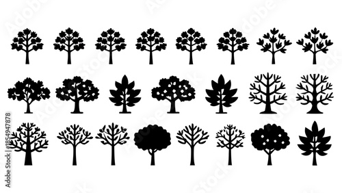 a collection of various black silhouette trees arranged in rows showcasing different tree shapes and foliage styles for design high quality professional detailed modern elegant stylish