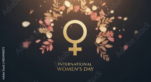 International womens day symbol with floral elements and bokeh lights on a dark background