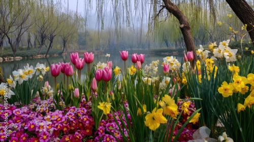 A vibrant spring garden with sharp tulips and daffodils, a clear pond surrounded by willow trees, adding a sense of life and vitality to the natural landscape