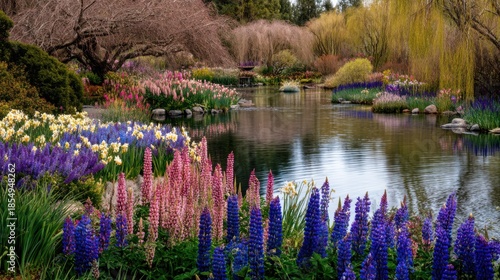 A vibrant spring garden with sharp tulips and daffodils, a clear pond surrounded by willow trees, adding a sense of life and vitality to the natural landscape