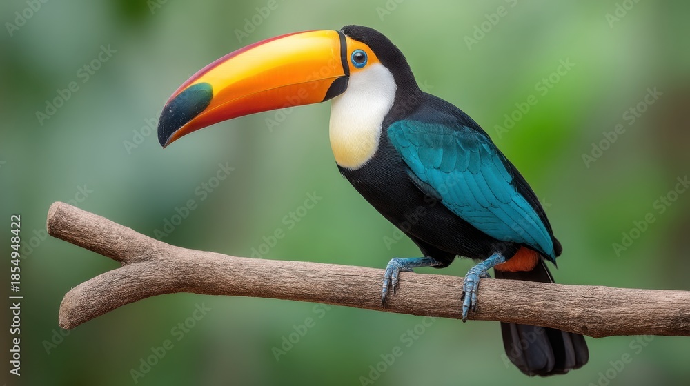 Obraz premium Vibrant toucan perched on a branch showcasing its colorful beak and striking blue feathers in a lush tropical environment with blurred background