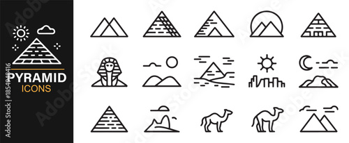 Pyramid and desert landscape line icons set