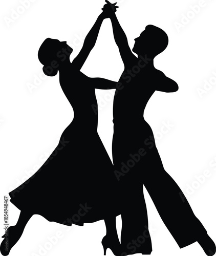 Silhouette of a gracefully dancing couple performing a classic ballroom dance move elegantly
