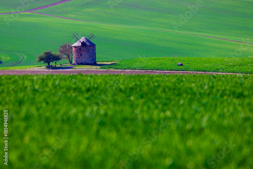 Picturesque windmill surrounded by undulating green fields.