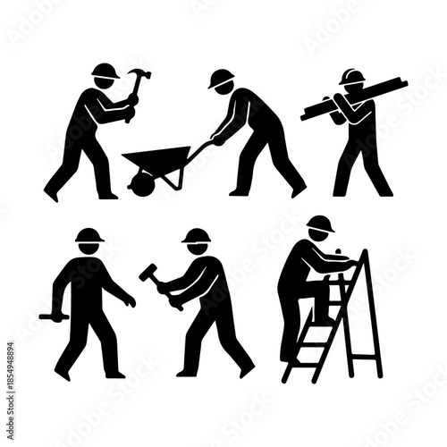 Set of black vector silhouettes of worker