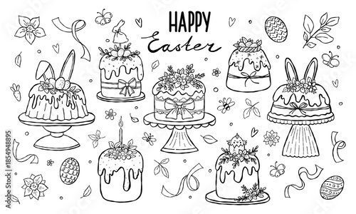 Doodle hand drawn Easter cakes and decorations elements vector set.