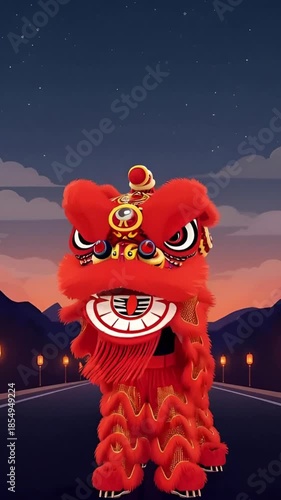 Vibrant Red Lion Dance Costume Against a Scenic Evening Sky