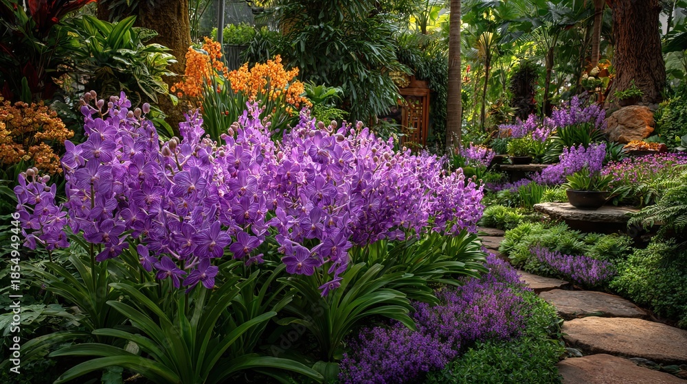 Obraz premium Serene and Lush Tropical Orchid Garden with Stone Path and Foliage