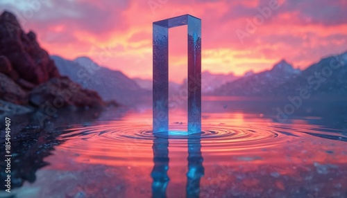 Abstract glass structure stands in calm water during sunset. Mountain landscape and colorful sky create serene atmosphere. Light reflects on water surface with ripples.