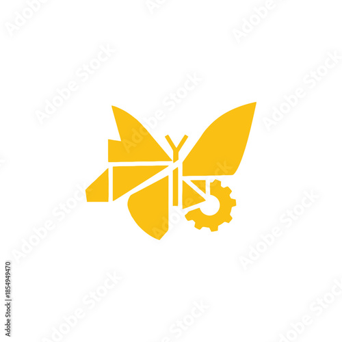 Minimal logo design featuring a stylized butterfly and gear mechanism in a simple, modern aesthetic
